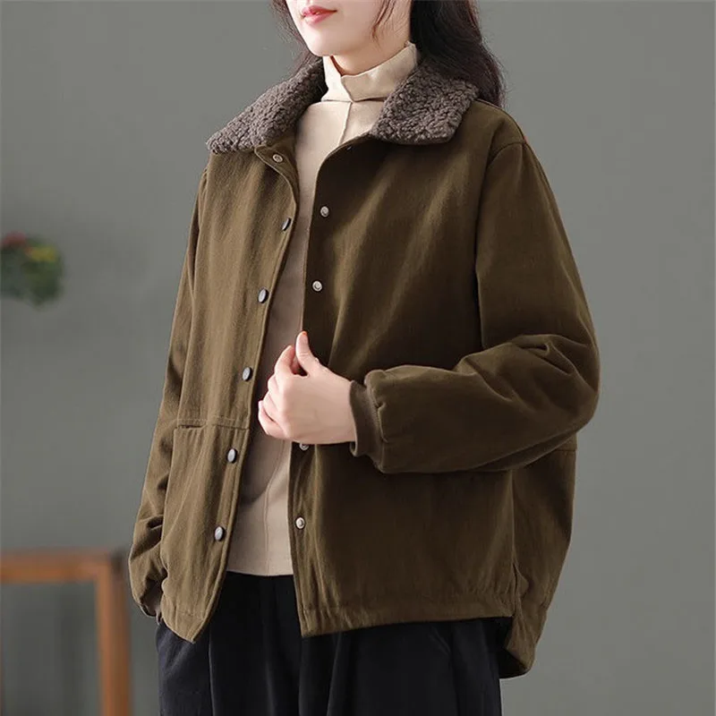 Fashion Vintage Grain Fleece Lapel Cotton Coat Female Add Velvet Thicken Short Jacket Autumn Winter Women Warm Outerwear 2022