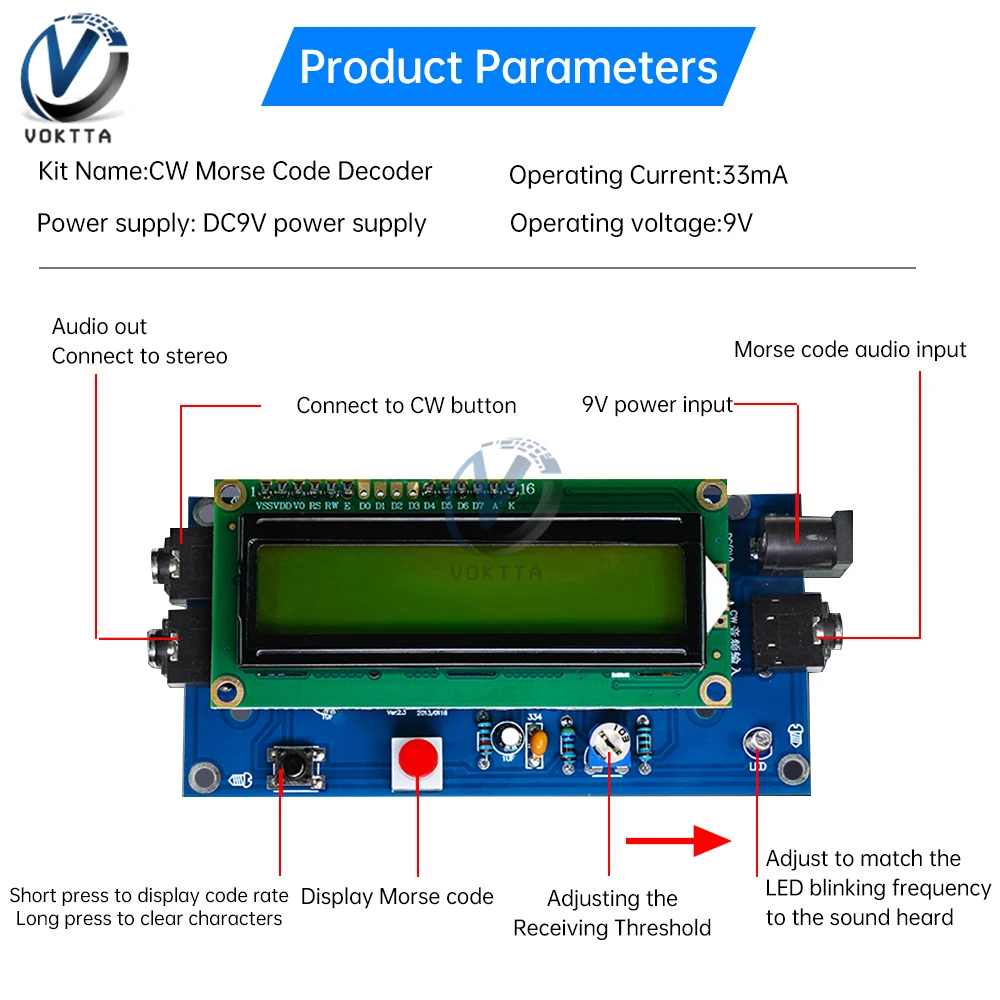 DC 9V CW Morse Code Decoder Bulk Circuit Board Wireless Transmitter Receiver DIY Welding Practice Electronic Manufacturing Kit