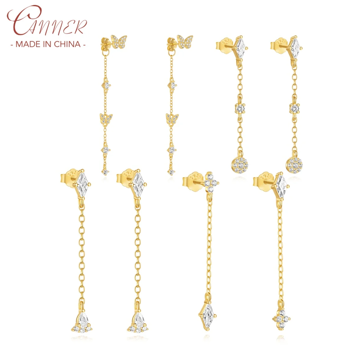 CANNER 925 Silver Diamond Shaped Clover Butterfly Zircon Drop Earrings For Women 18K Gold Tassel Versatile Layering Fine Jewelry