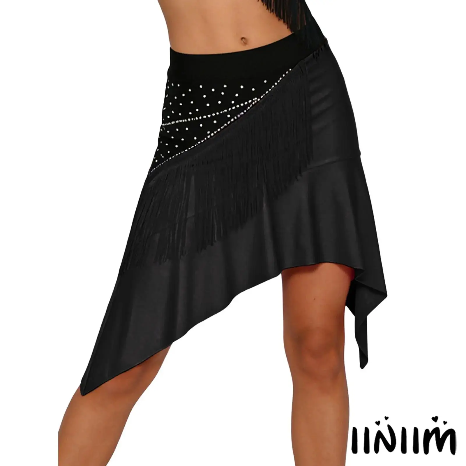 

Womens Chacha Rumba Competition Dance Skirt Tassel and Rhinestone Accents Color Block Irregular Hem Salsa Latin Dance Costume