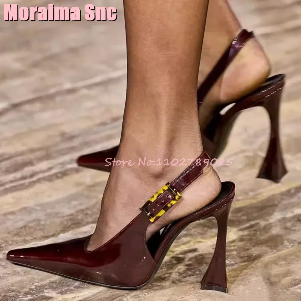 Fashion Brown Pointed Toe Slingback Sandals Sexy Patent Leather Ankle Buckle Strap Runway Women\'s Summer Shoes Banquet Party New