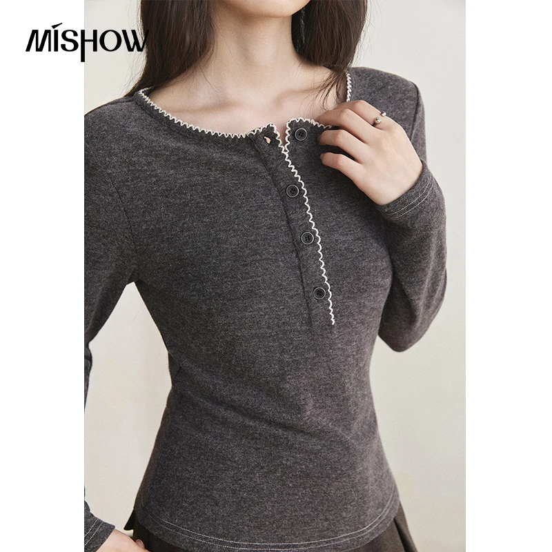 MISHOW Women's Sweater Color Contrast Half Button Wave Ruffle Knit Pullover 2026 Autumn New Textured Long Sleeve Tops MXF46T3341