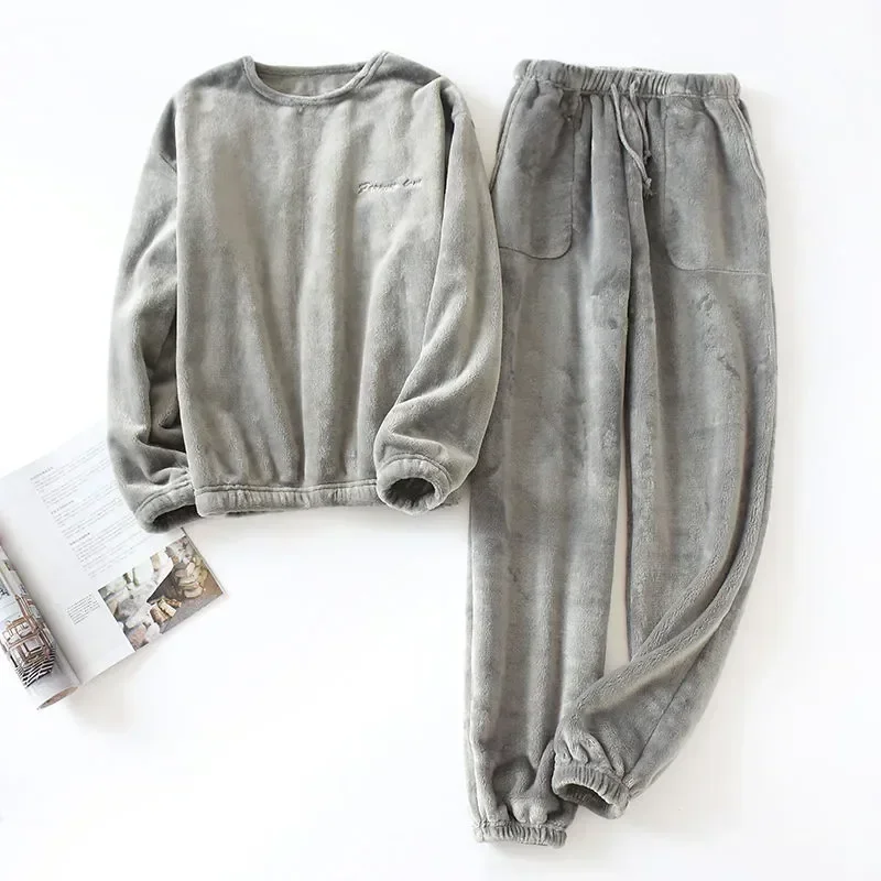 Зимний костюм, фланелевые домашние теплые бархатные осенние мужские утолщенные брюки с длинными рукавами, комплект из двух предметов и пижамы, новые мужские большие услуги