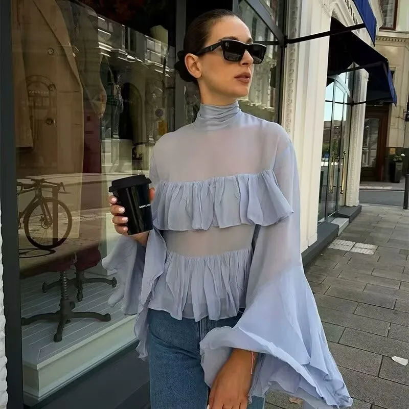 

Women's Turtleneck Shirt Light Mature Layered Flared Sleeve Stand Collar Top 2025 New Chic Fashion High Street Shirt