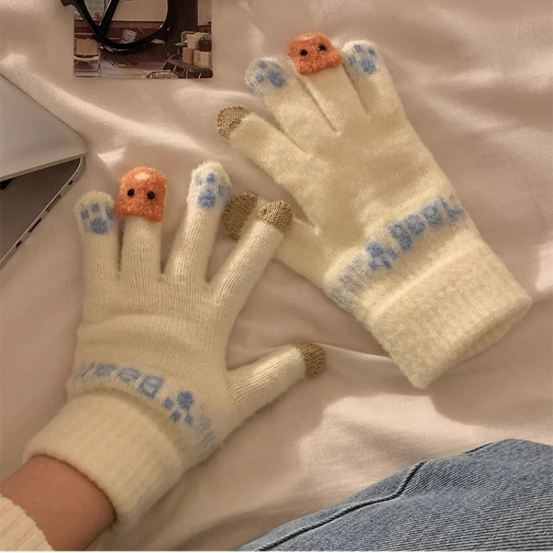 Niedliche Plüschhandschuhe mit Touchscreen zum Radfahren und Anti-Kälte-Fingerhandschuhe für Frauen, verdickt und warm im Winter