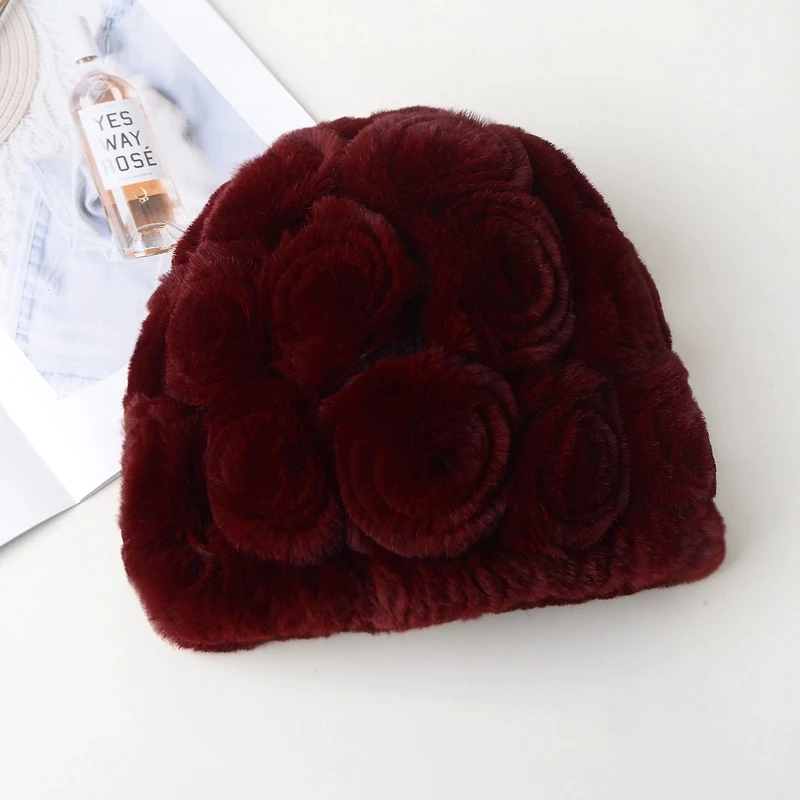 

Вязаная меховая шапка из кроличьего меха для мамы среднего возраста, утолщенная теплая розовая шерстяная шапка в корейском стиле, зимний праздничный подарок, роскошная