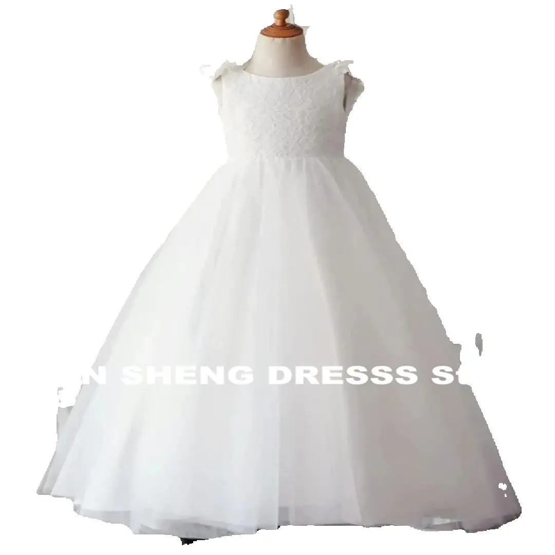 فستان فتاة الزهور مخصص لحفلات الزفاف من التل الأبيض بدون أكمام منتفخ ثلاثي الأبعاد مزين باللؤلؤ وحفلات أعياد الميلاد والمناولة الأولى