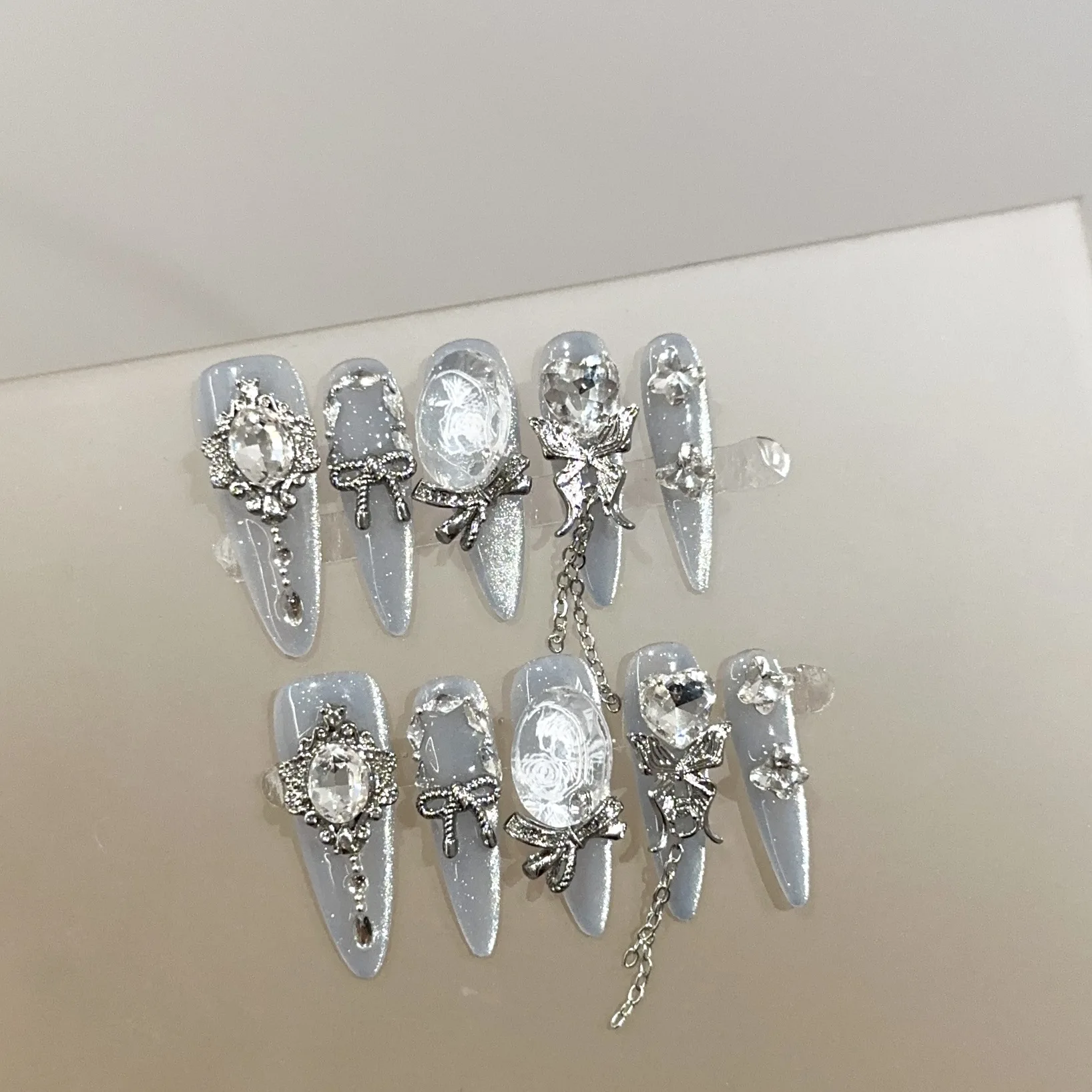 10pcs Long Point Handmade Press on Nails Smog Blue Cat-Eye Fake Nail Diamond Bow Chain False Nail for Women&Girl Full Cover Nail