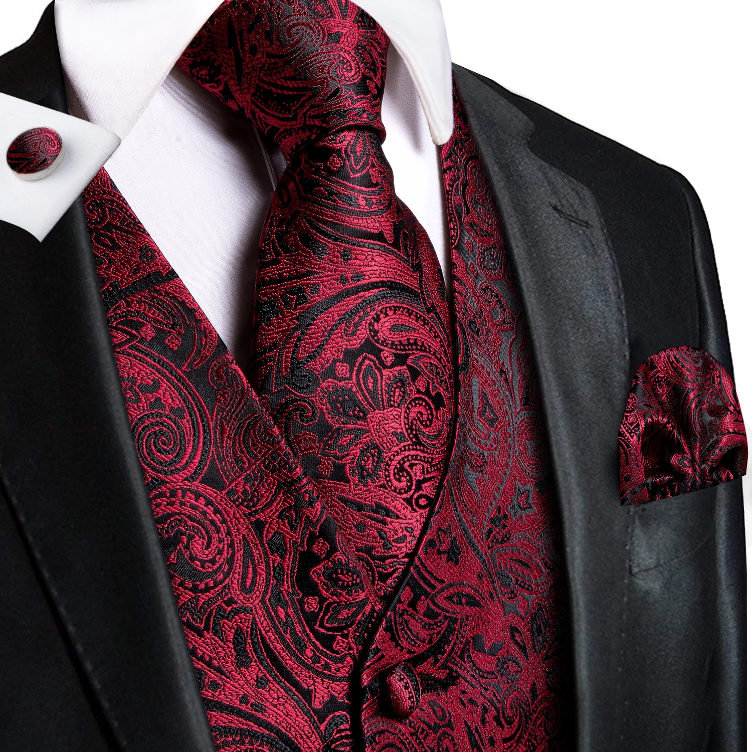 Hi-Tie 4PC Silk Men's Vest With Tie Hanky Cufflink Business Formal Dress Slim Sleeveless Jacket Burgundy Paisley Suit Waistcoat