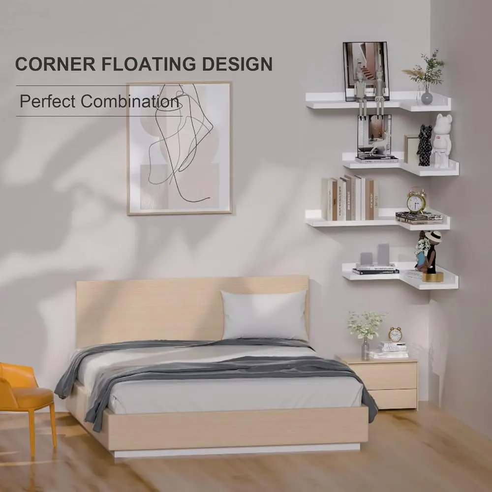 مجموعة من 4 أرفف زاوية من خشب الصنوبر الريفي - تخزين على شكل حرف L مثبت على الحائط لديكور المنزل باللون الأبيض