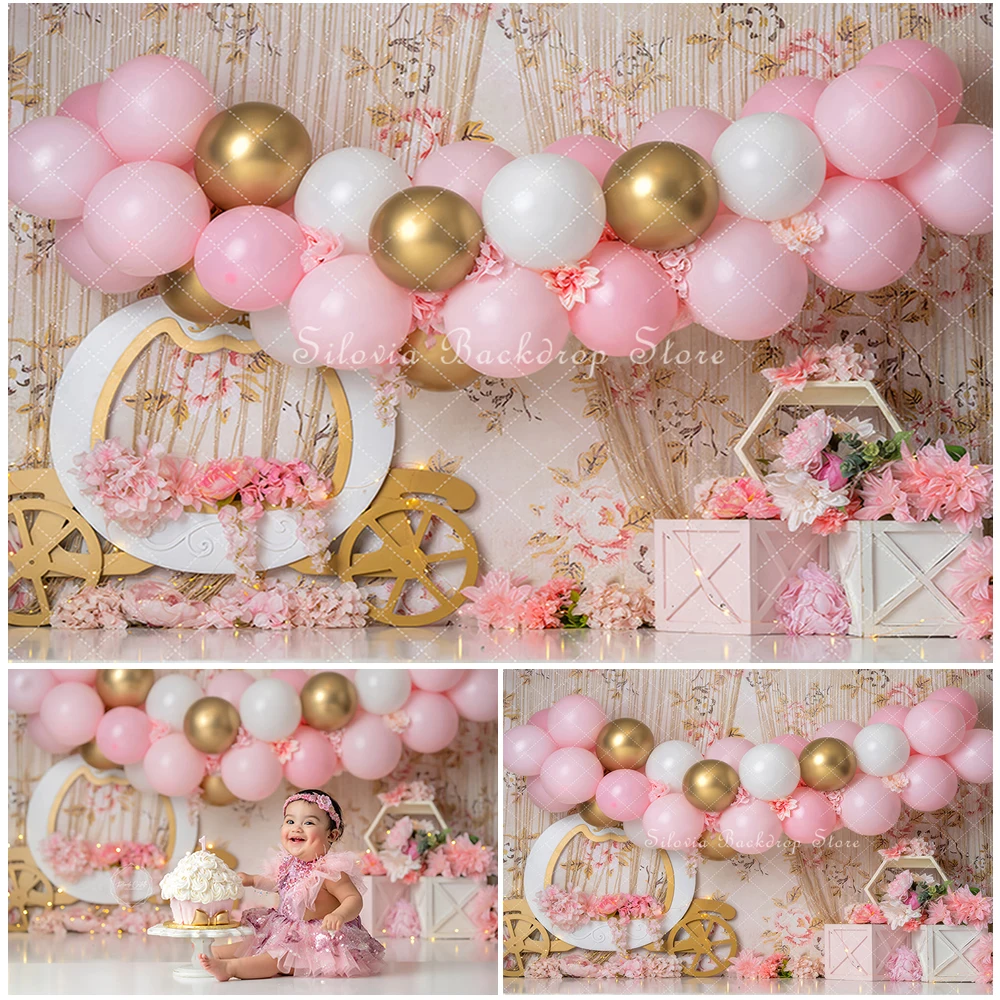 

Princess Carriage Photography Backdrop Girl Birthday First Cake Smash Photo Background Pink Flowers Balloon Photo Studio Props