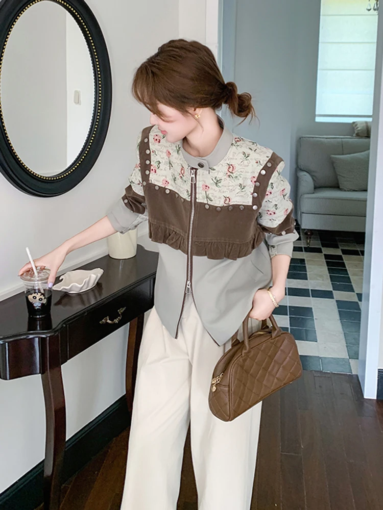 2025 new model niche color blocking splicing floral jacket women spring suede studded unique design stand up collar jacket