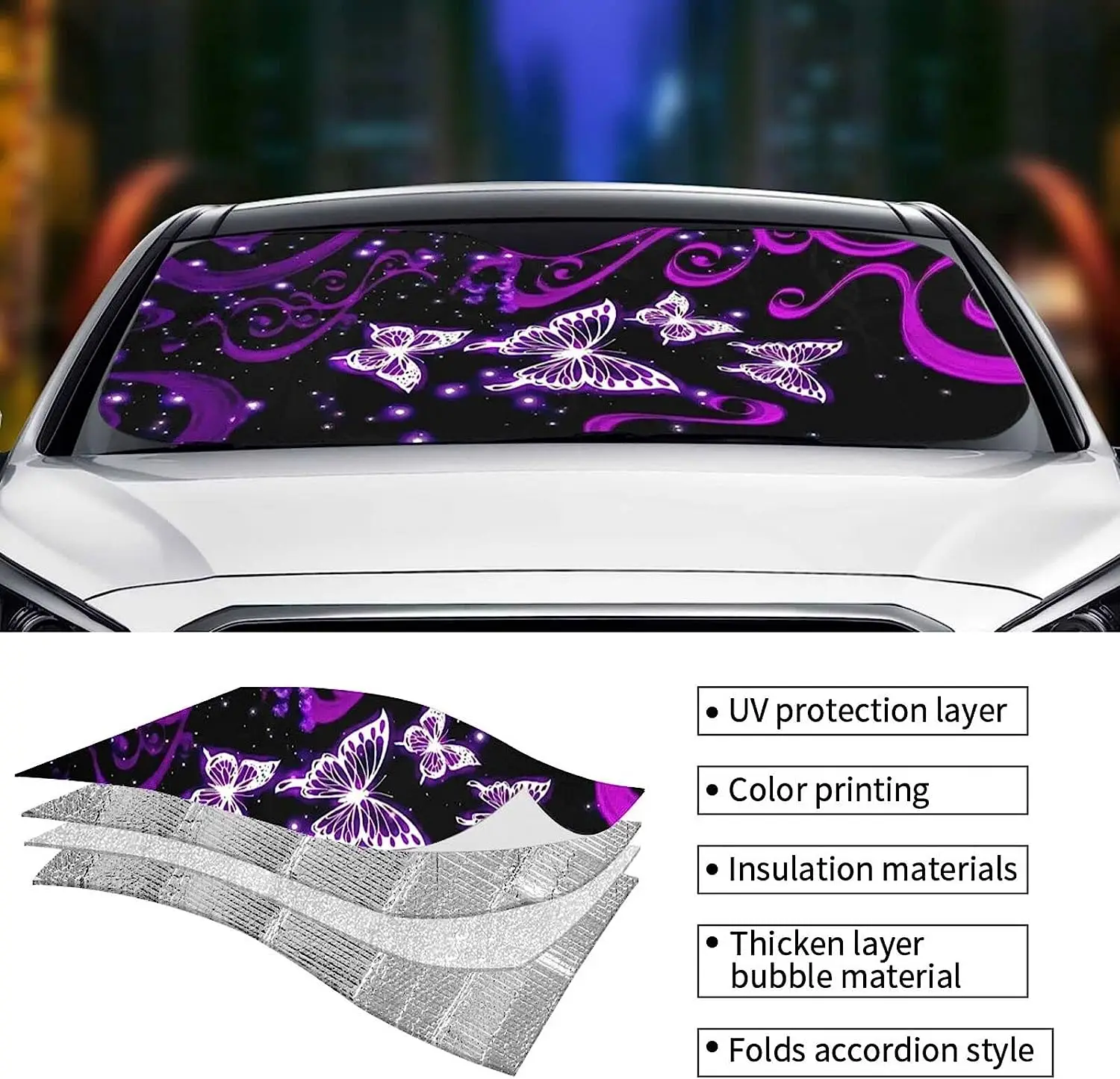 Purple Butterfly Car Sun Shade para Janela, Blocos de pára-brisa dobráveis, Raios UV Mantém seu veículo fresco