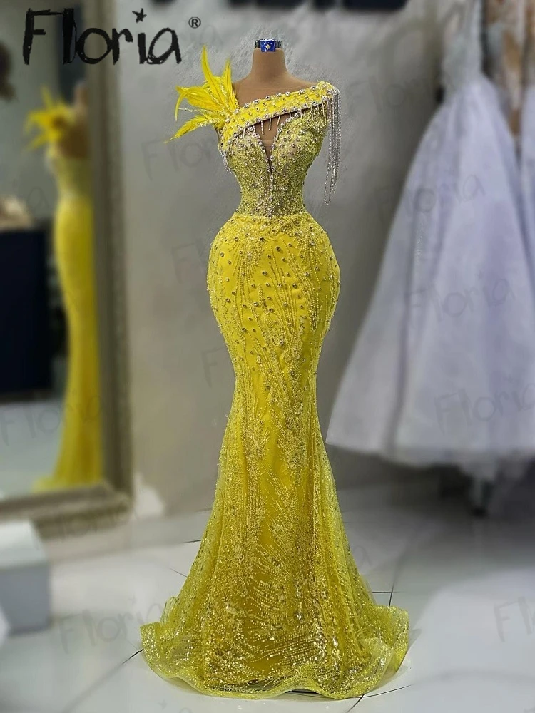 Superbe robe de soirée sirène en fibre jaune pour femme, entièrement perlée à la main, plume Citro2023, fête de mariage, quoi que ce soit