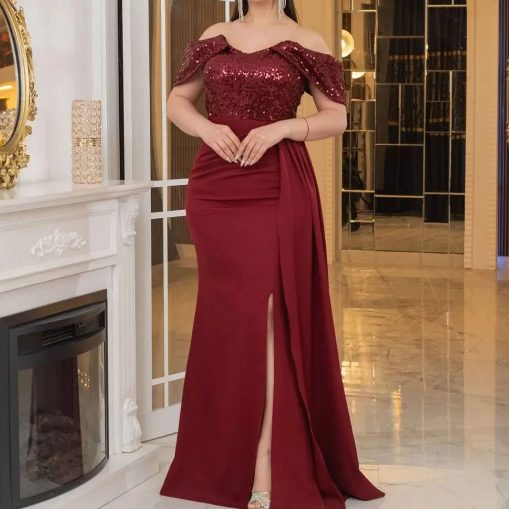 

Customized A-Line Prom Dresses Floor-Length Off The Shoulder Sleeveless Evening Gown Fashion Sequined Side Split PartY Gown
