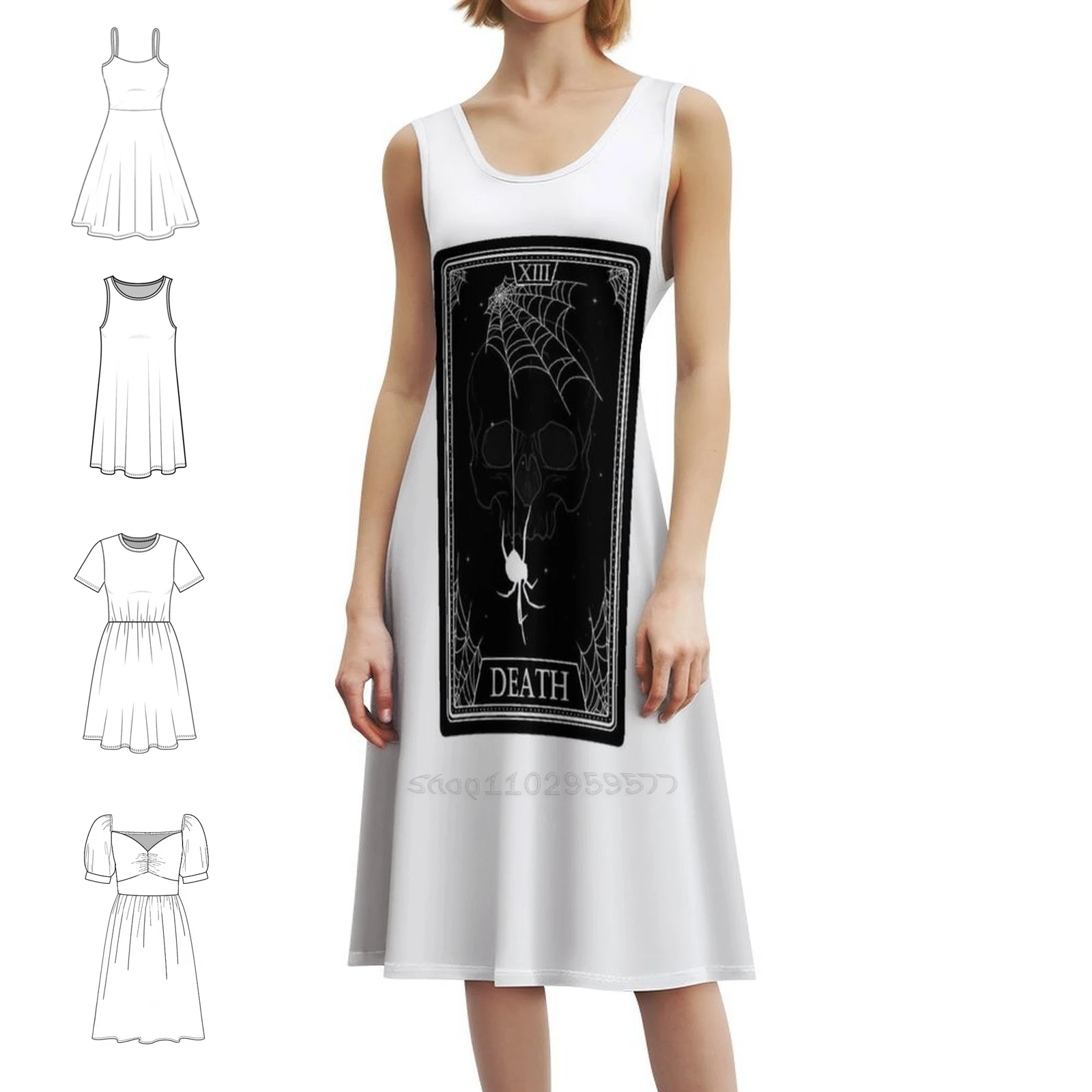 Gaun Tarot Card Death Boho Chic, Gaun Pesta Pernikahan Pantai yang Elegan, Gaun Pesta Tarot Card Death dengan Motif Jaring Laba-laba dan Tengkorak