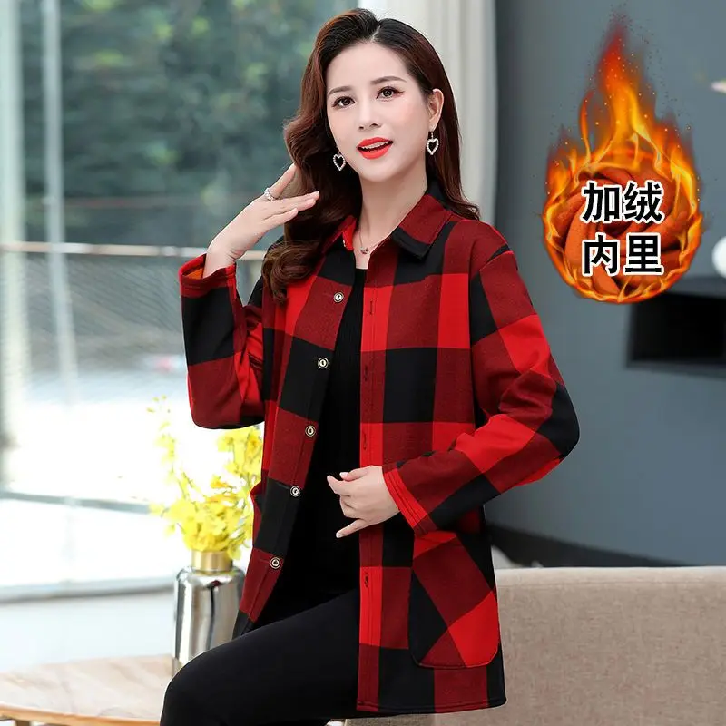 Autumn Winter Thick Office Lady Shirts Casual Turn-down Collar Ladies Long Sleeve Blouses Plaid 2023 New Loose Women\'s Clothing