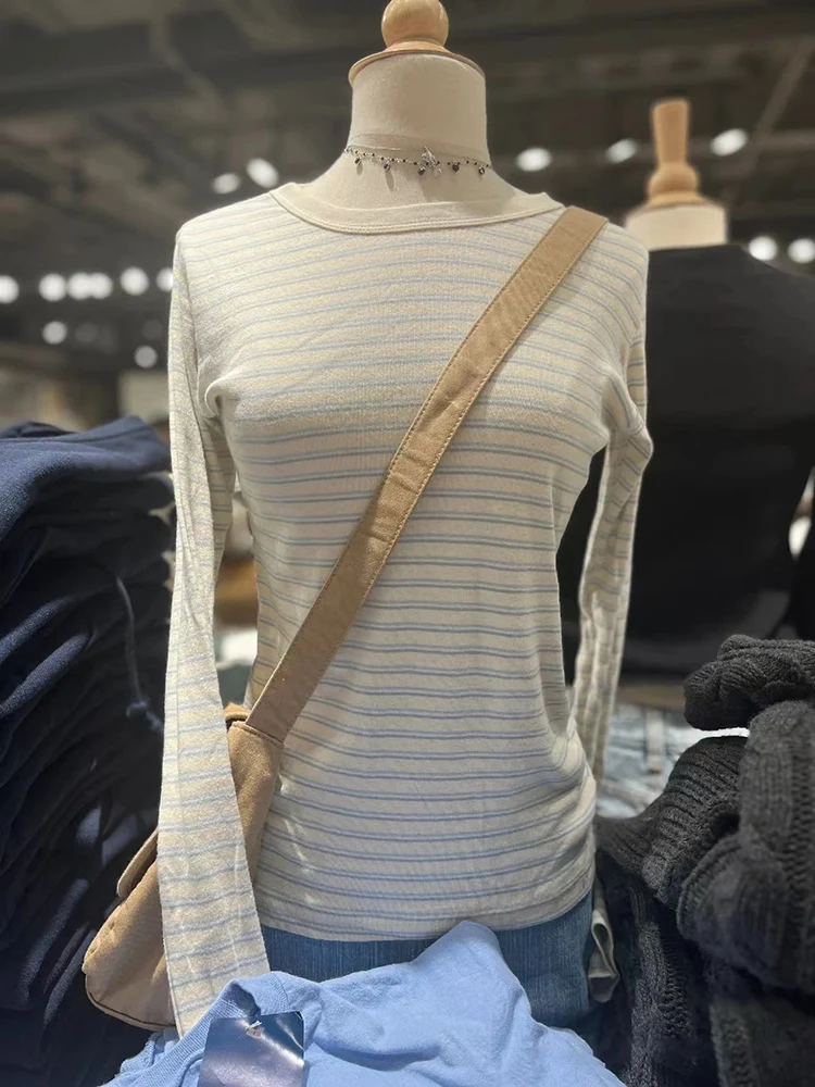 New Striped Slim Long Sleeve T-shirts Women Patchwork Round Neck Autumn Cotton Tees Female Cute Vintage Sweet Basic T Shirt Y2k