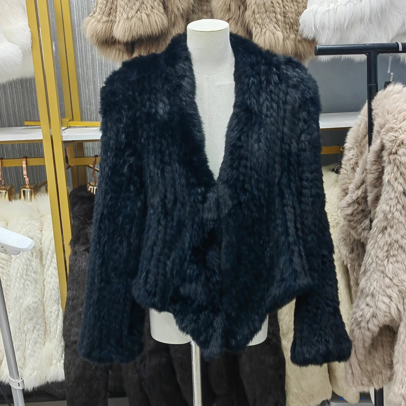 2026 Modischer Neuer Echter Kaninchenfell-Strickmantel, Hochwertiger Langarm-Lose-Schnitt-Mantel, Jacke, Damen-Wärmemantel, Echter Pelzmantel – Detail 5