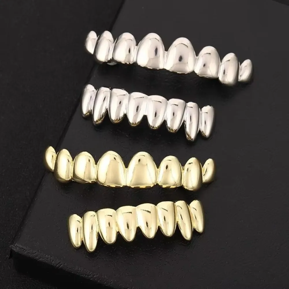Glossy Finish Teeth Grillz Top Bottom Set Anti Slip Eco-friendly Copper Teeth Grillz Caps Silver Shiny Teeth Jewelry Halloween