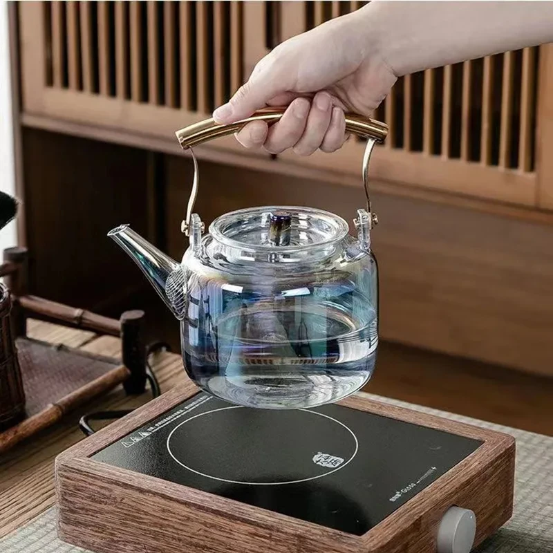 High-temperature Shell Color-fired Glass Teapot Thickened Large-capacity Filter Teapot Dazzling Flower Teapot Lifting Beam Pot