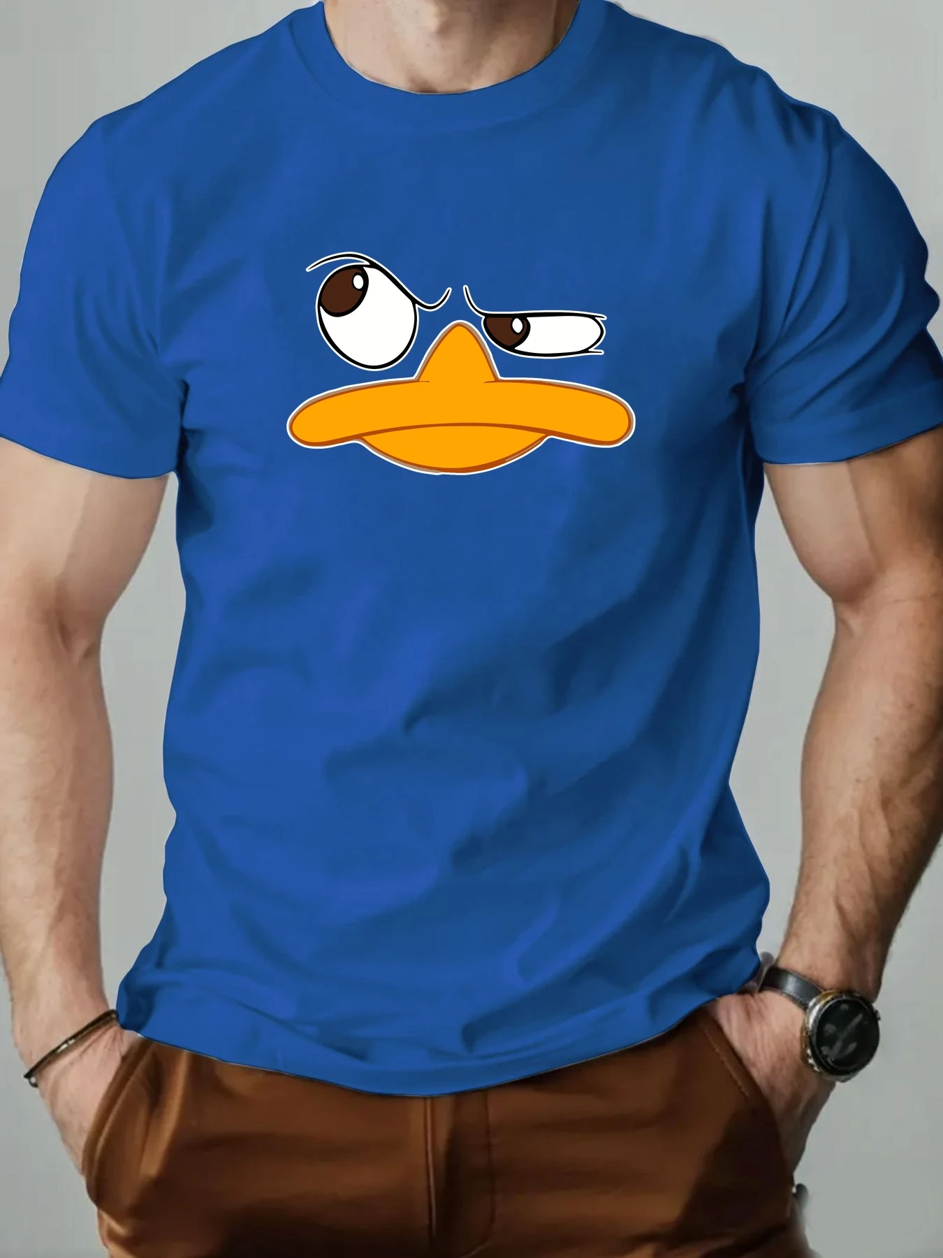 تي شيرت رجالي مضحك بطة الكرتون نمط طباعة الصيف جولة الرقبة تنفس عارضة أزياء قصيرة الأكمام تي شيرت