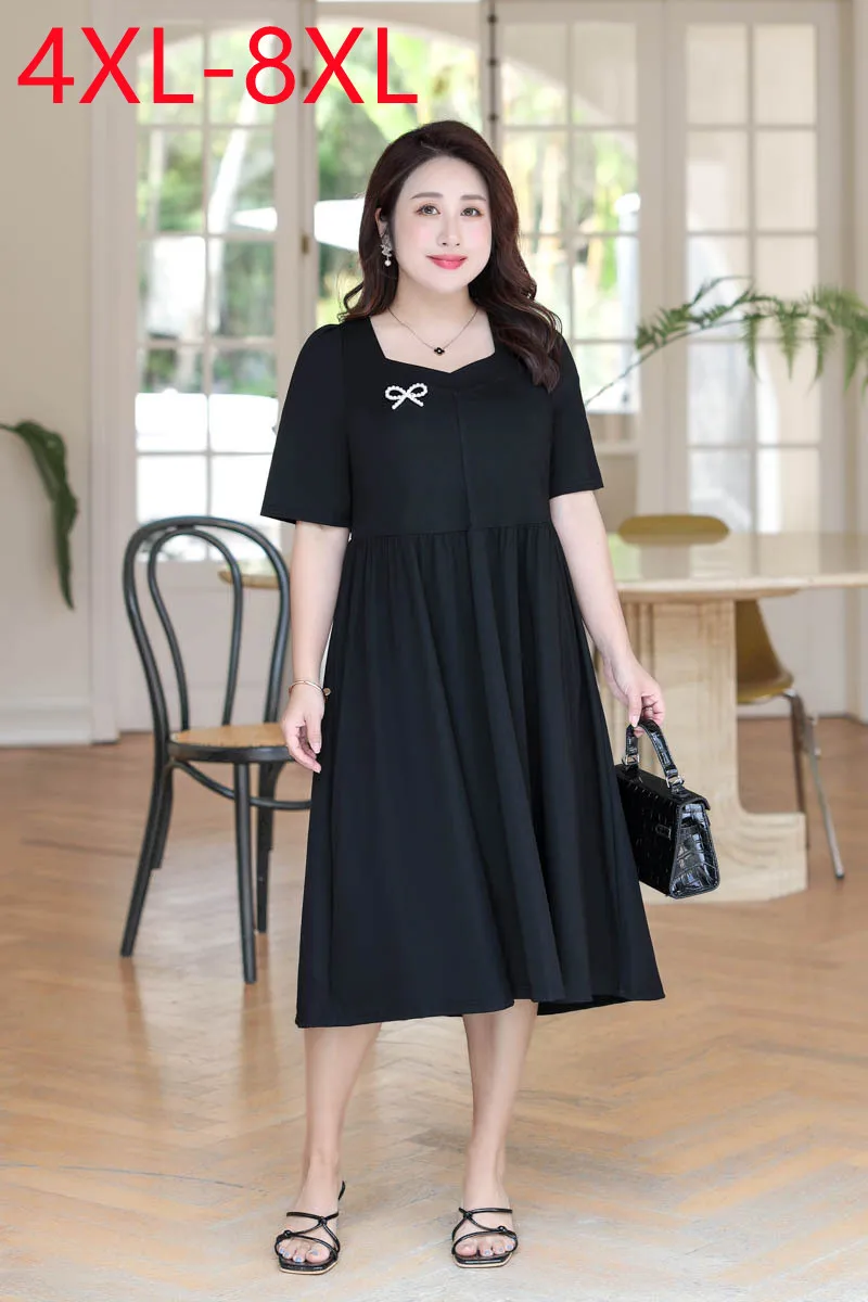 

New 2023 Ladies Spring Summer Plus Size Dress For Women Large Size Short Sleeve O-neck Black Midi Dress 4XL 5XL 6XL 7XL 8XL