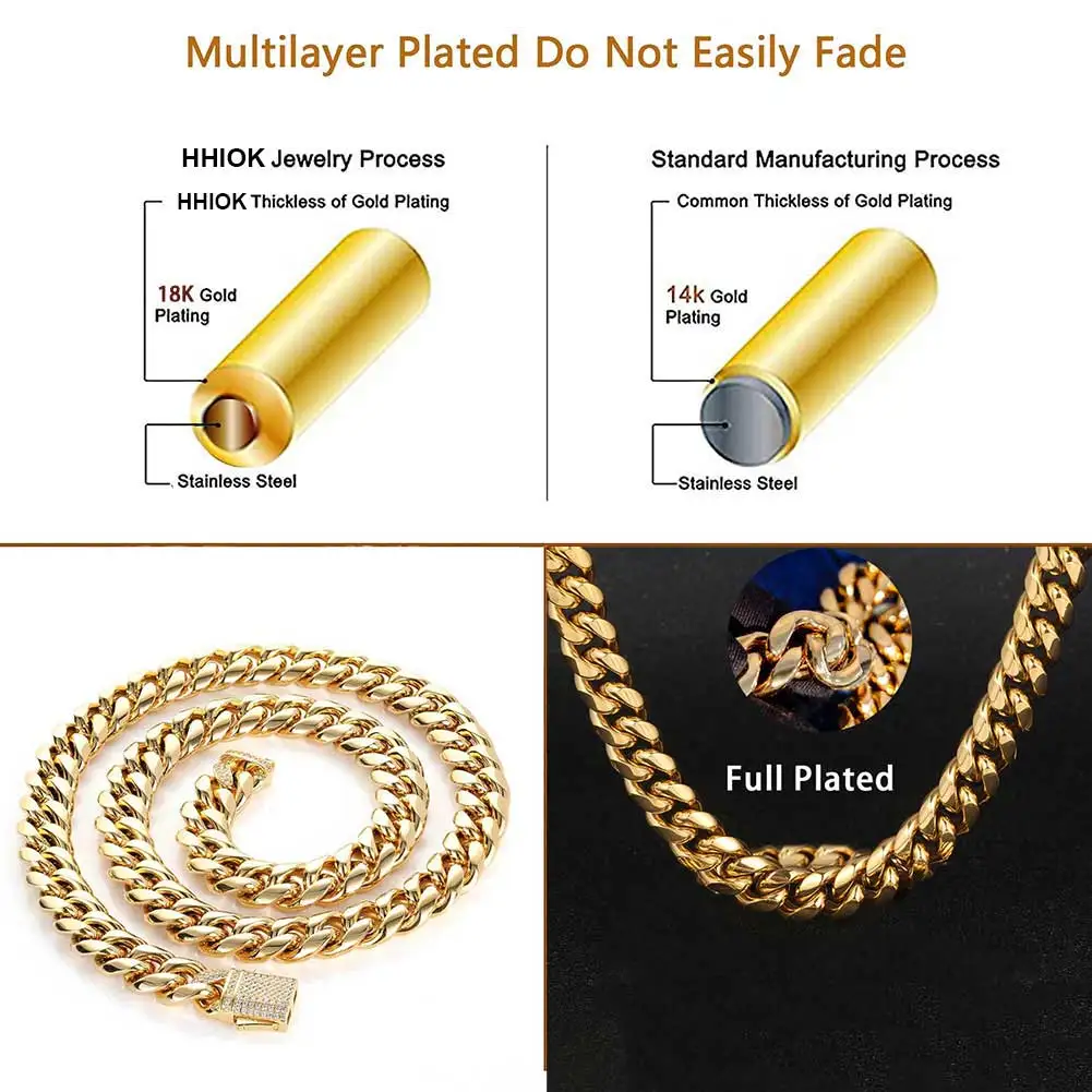 Mens Necklaces Chains Stainless Steel Gold Silver Color Necklace for Men Women Curb Cuban Jewelry with Zircon Clasp