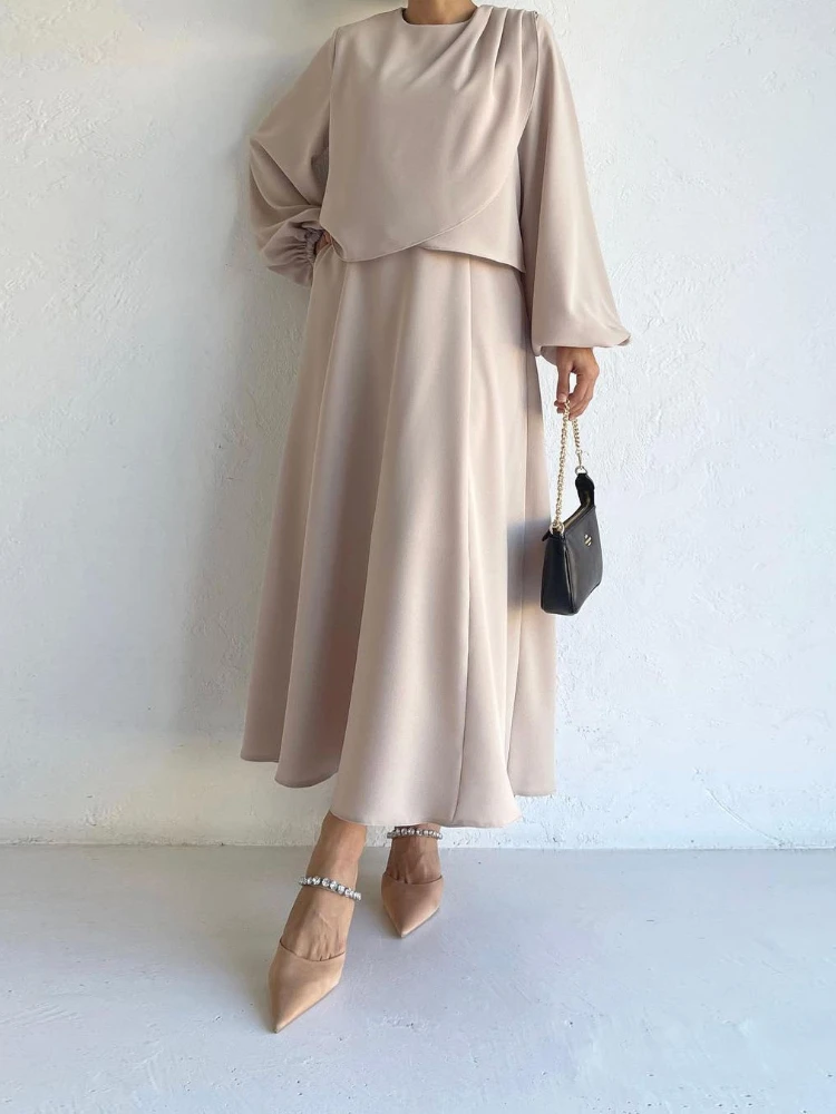 

Women Eid Muslim Sets Ensemble Two Pieces Puff Sleeve Tops Loose Skirts Islam Solid Color Loose Morocco Ramadan Gorgeous