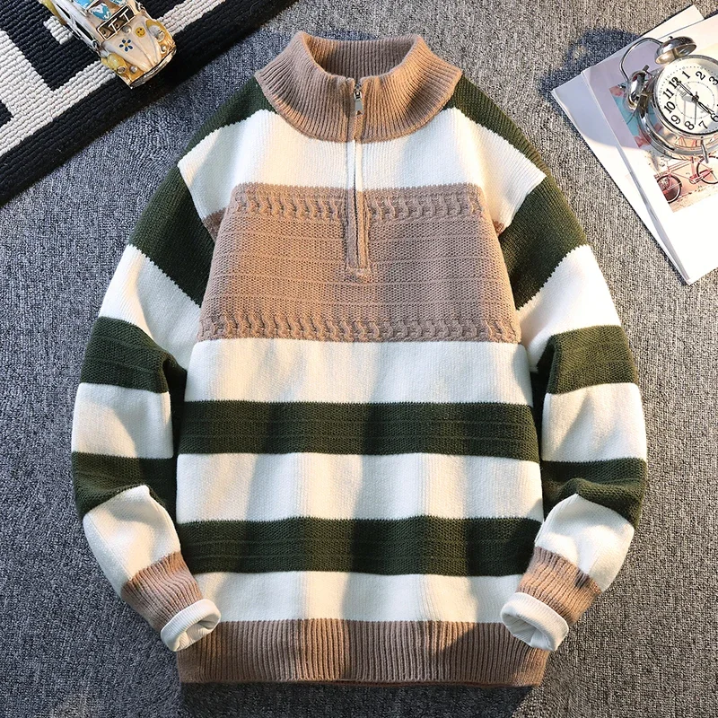 

High Quality Fashion Striped Warm Sports Knitted Sweater Fashionable Color Blocking Warm Pullover Home Clothing
