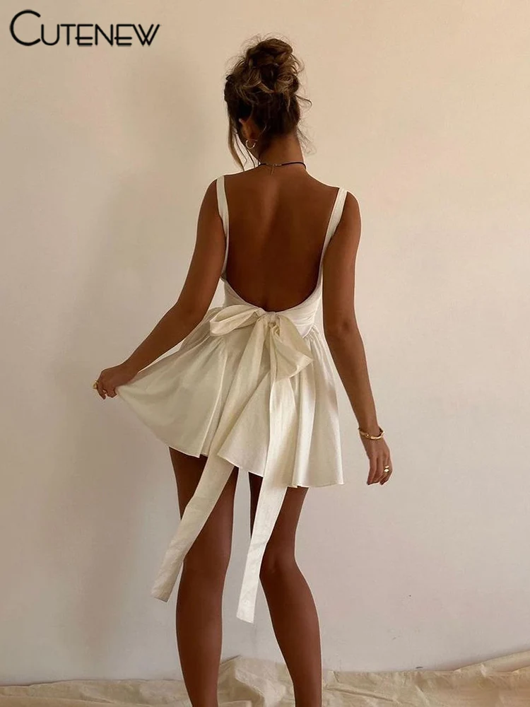 Cutenew Women's Spaghetti Straps Backless Mini Dress Sexy Sleeveless Slim  Halter Lace-up Bowknot Dresses Midnight Party Vestidos