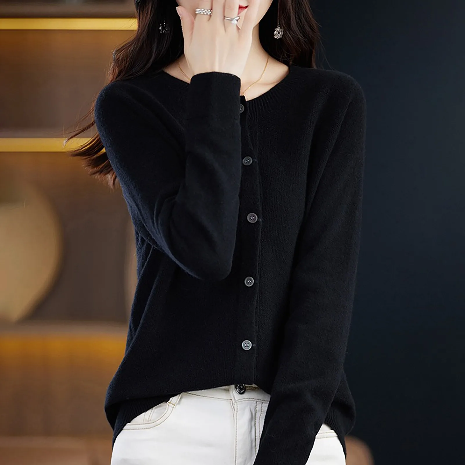 High Quality Knit Sweater In Solid Color Women Crew Neck Long Sleeve Cardigan Coat Autumn And Winter Casual Slim-Fit Base Shirt