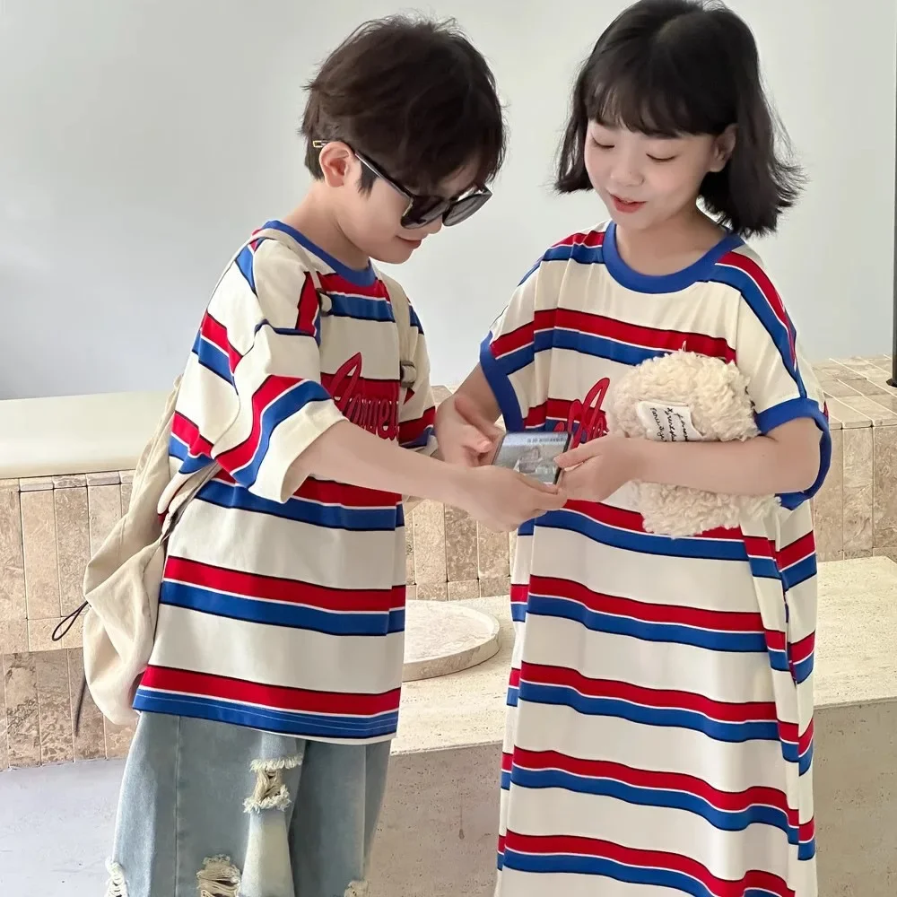 Stylish Children's Short Sleeve T-shirt Set Medium-length Colorful Striped Dress Summer Baby Top 5 Brother Sister Matches