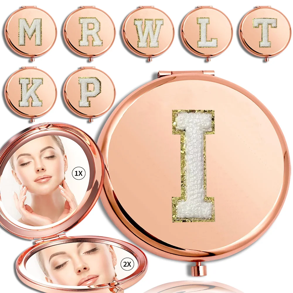 

Women Makeup Metal Mirror Round Double Sided Handheld Cosmetic Magnifying Look Glass Chenille Gold Letter Pattern Embroidery