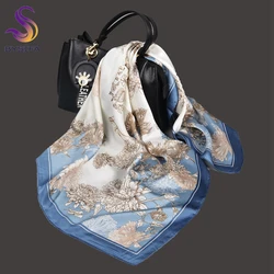 BYSIFA|Blue White Silk Square Scarves Hijabs Fashion Floral Printed Silk Neck Scarf Foulard Winter Women Headscarves Accessories