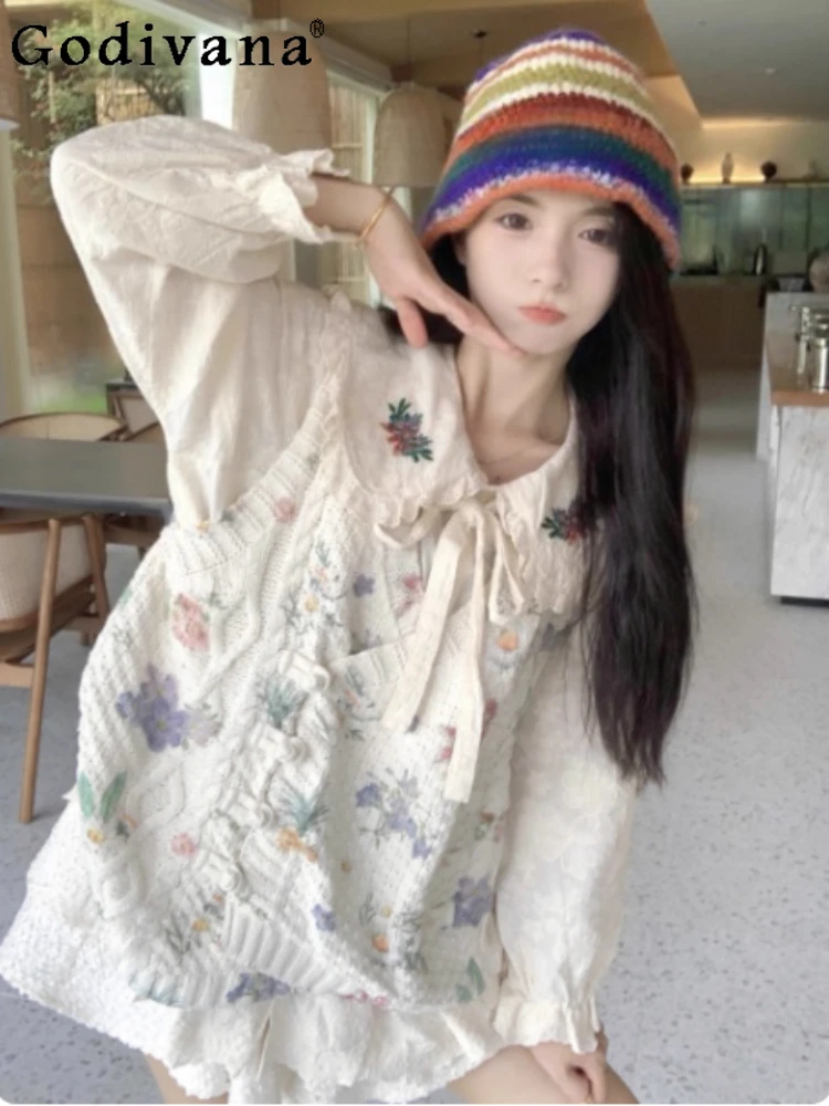 

3XL Girl Spring Autumn Heavy Industry Floral Knitted Vest Sweet Embroidery Peter Pan Collar Loose Long Sleeve Japanese Shirt