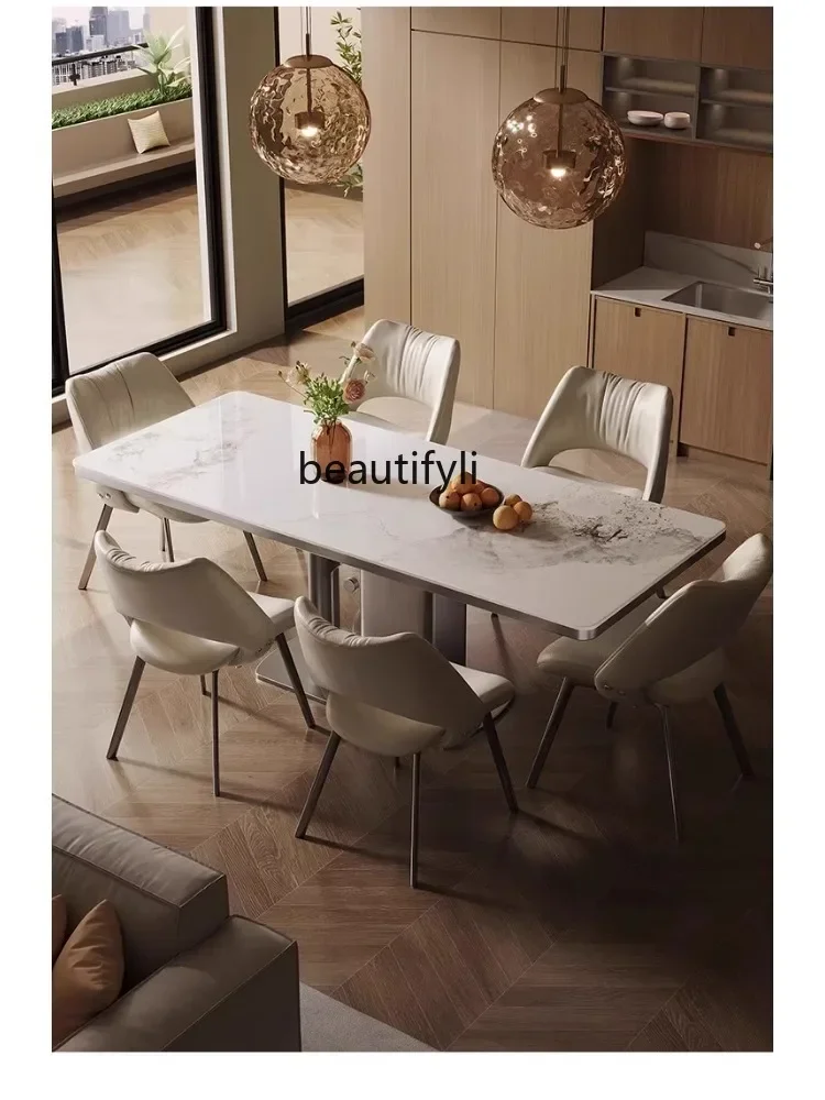 Combinazione di sedie da tavolo da pranzo in pietra di lusso leggera italiana Combinazione di piccoli appartamenti rettangolari creativi minimalisti in acciaio inossidabile