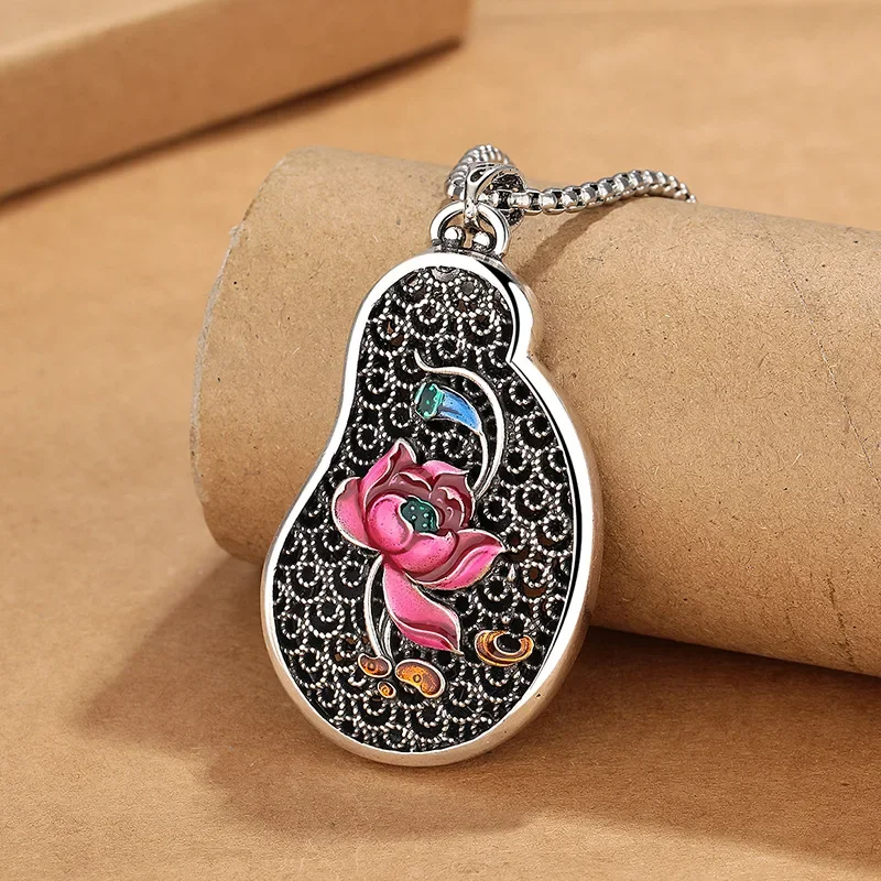 Cloisonne Enamel Guanyin Bodhisattva Necklace Hollow out Thai Silver China-Chic Personality Pendant for Men and Women