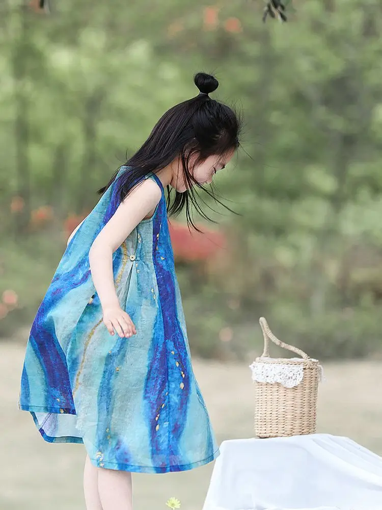Summer new dress 2026 girls' vest fashion sleeveless beach tie dye dress travel vacation princess dress