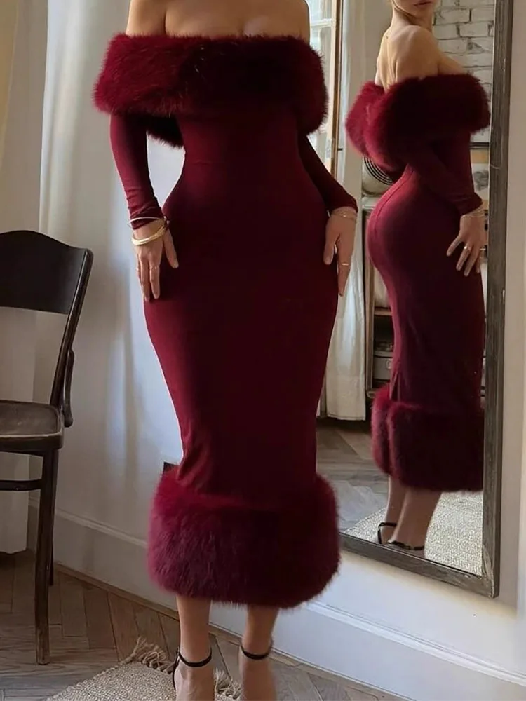 Women Fahsion Fur Patchwork Slim Fit Long Dress Casual Backless Solid Party Dress Elegant Off Shoulder Long Sleeve Gowns Dress