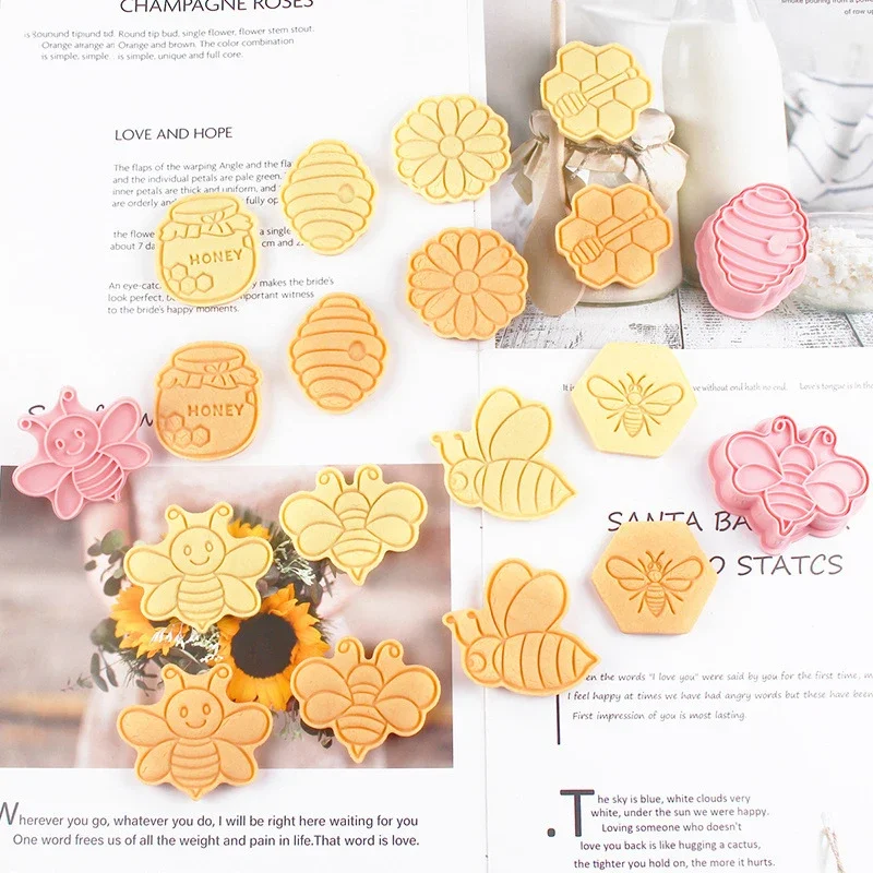 8pc Bee Shape Biscuit Mold Cookie Cutter 3D Cartoon Pressable Biscuit Mold Cookie Stamp DIY Fondant Cake Decorating Baking Tools