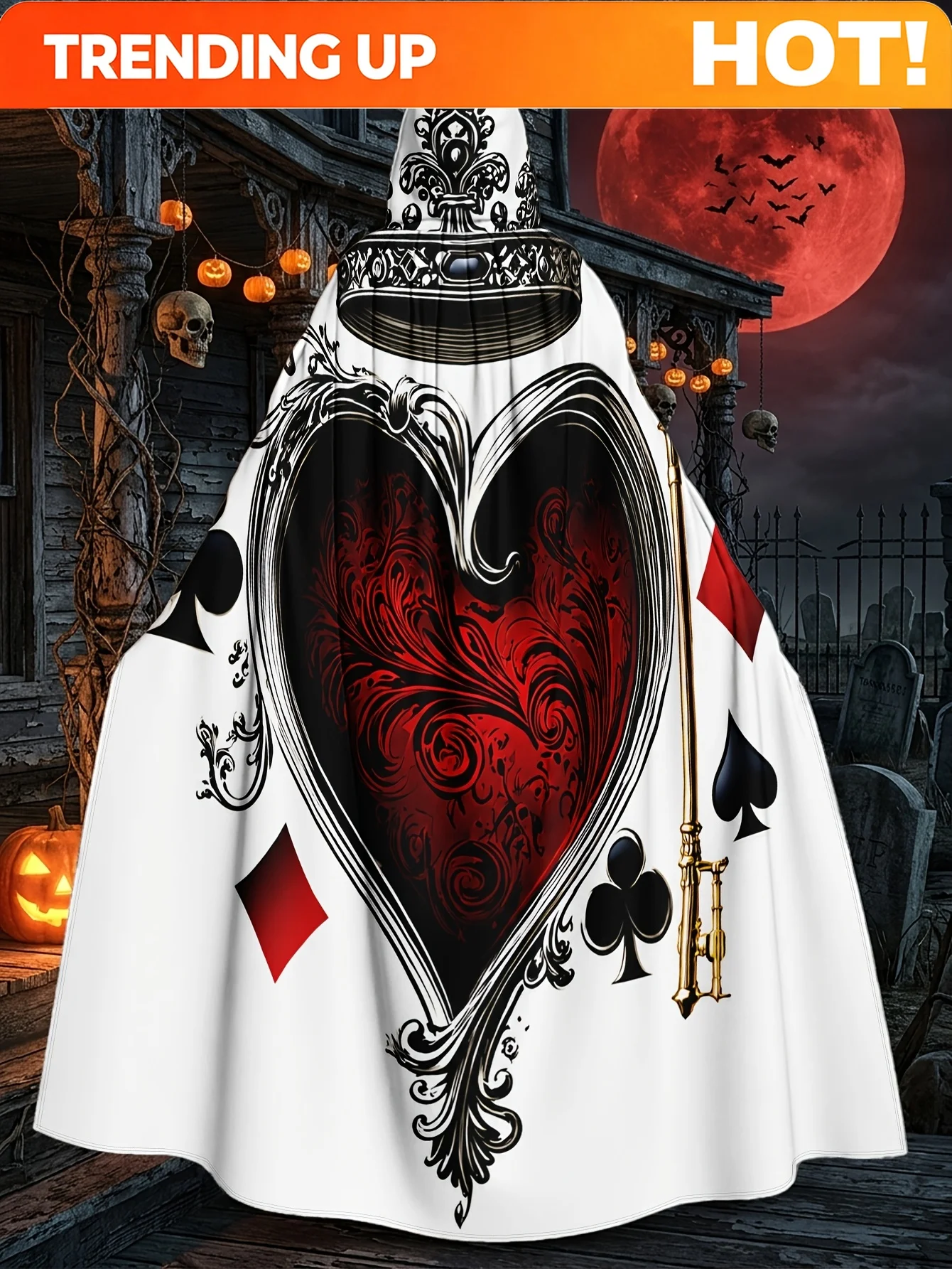 Customization 1pc Long Adult Polyester Cloak With Regal Heart With Crown And Key Print, Hooded Costume Cape For Halloween Haunte