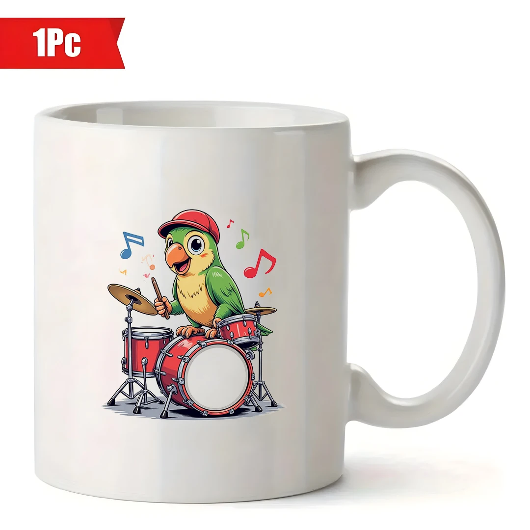 Taza de baterista de loro de dibujos animados, taza de bebida fría y caliente para niños de 11OZ, regalo de Navidad para oficina familiar