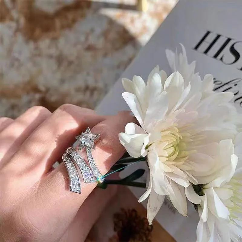 

Женские кольца на указательный палец в форме метеоритной звезды с блестящими бриллиантами, белое золото 18 карат, стерлинговое серебро 925 пробы, шикарные модные ювелирные изделия