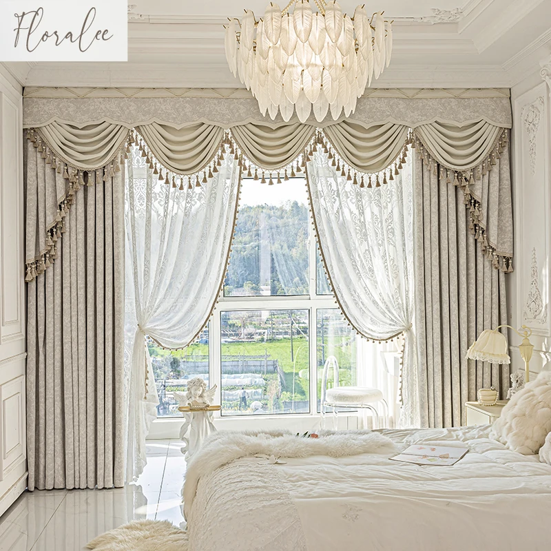 New Relief Jacquard Beige Chenille Curtains for Living Rooms Bedrooms Villas Custom Size Tulle Blackout Window Screens Valance