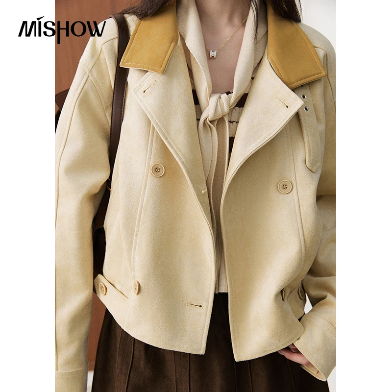 MISHOW Women's Jacket Faux Suede Double Breasted Contrast Color Short Jackets 2026 Fall Winter Daily Commuter Clothes MXF48W1135