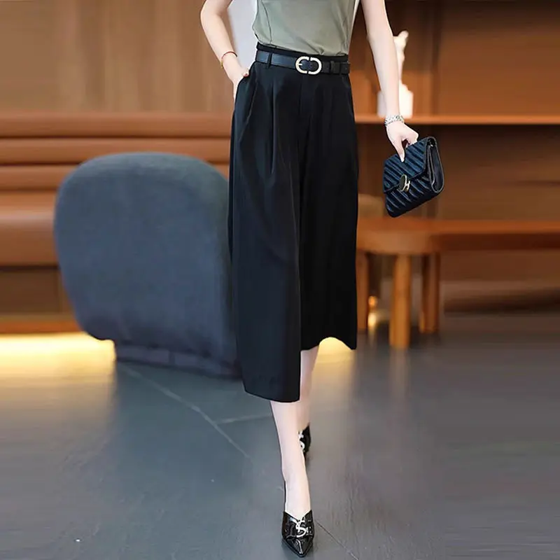 Summer High Waist Solid Color Wide Leg Drapped Suit Pants Women Loose Casual Simple All-match Cropped Trousers Female Clothes