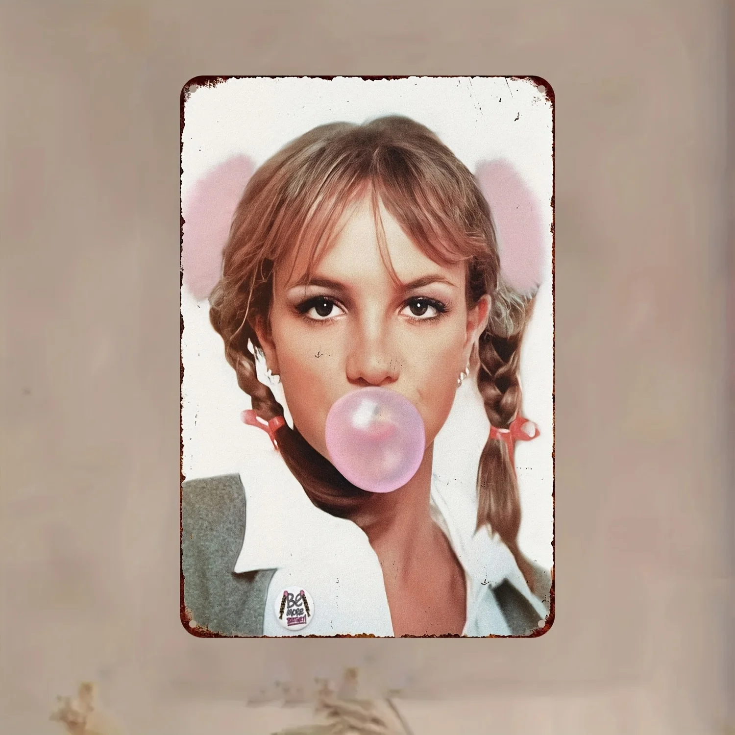 Britney Spears Vintage Metal Wall Art - Retro  Bubble Gum Blowing Pose with Braided Hair & Pink Bows, Durable Sign for Home Gara