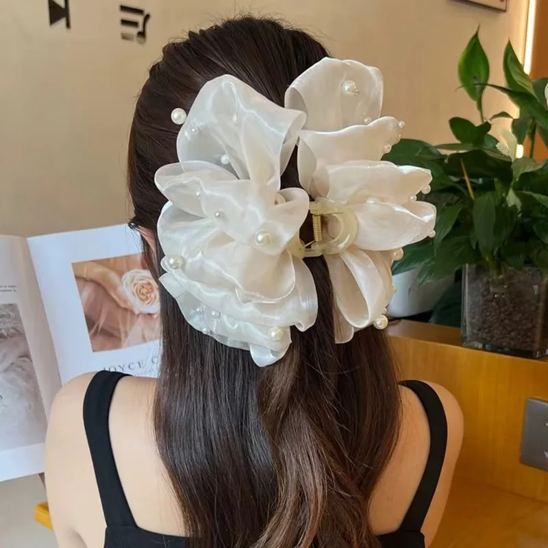 Summer Oversized Mesh Pleated Pearl Hair Clip Shark Clip Ponytail Holder Back of Head Hair Accessory Headband