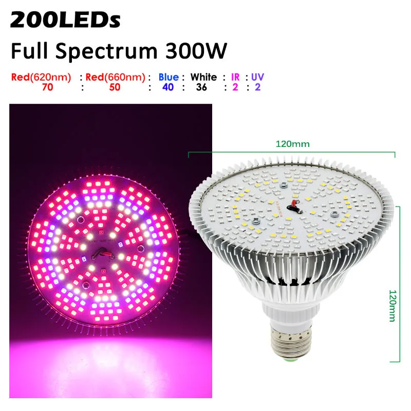 

300W E27 PAR38 LED Grow Lght Bulb Full Spectrum Sunshine led grow Light AC85-265V with 4mWire/tripod Phytolamp for Plants Tent